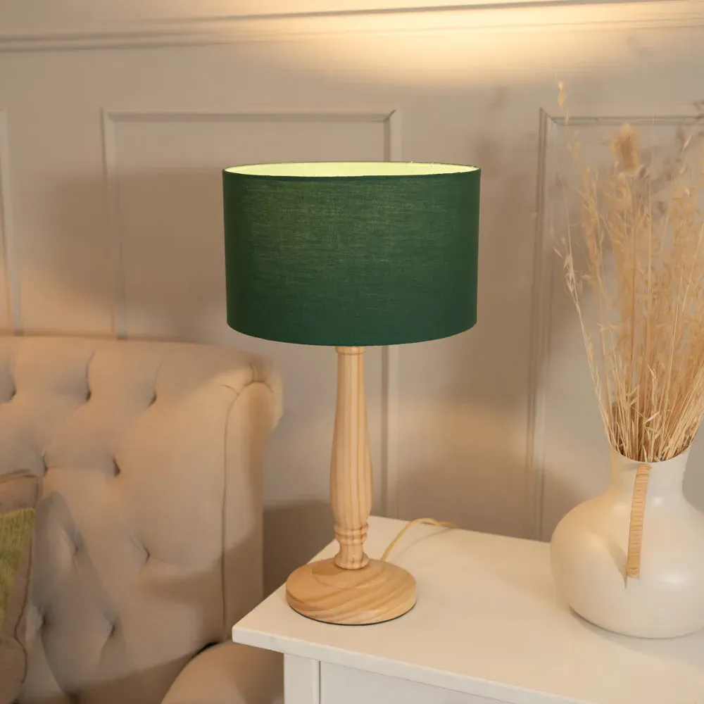 Victoria LED Table Lamp with Drum Shade - Green, Wood