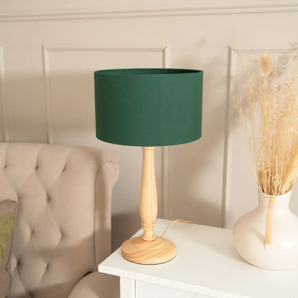 Victoria LED Table Lamp with Drum Shade - Green, Wood