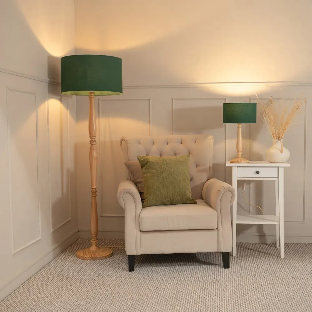 Victoria LED Table Lamp with Drum Shade - Green, Wood