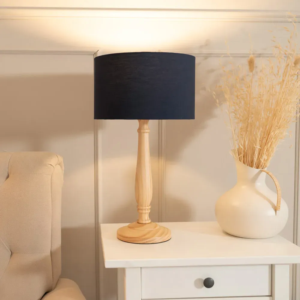 Victoria LED Table Lamp with Drum Shade - Navy, Wood