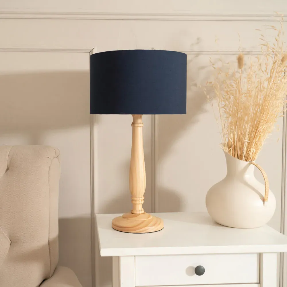 Victoria LED Table Lamp with Drum Shade - Navy, Wood
