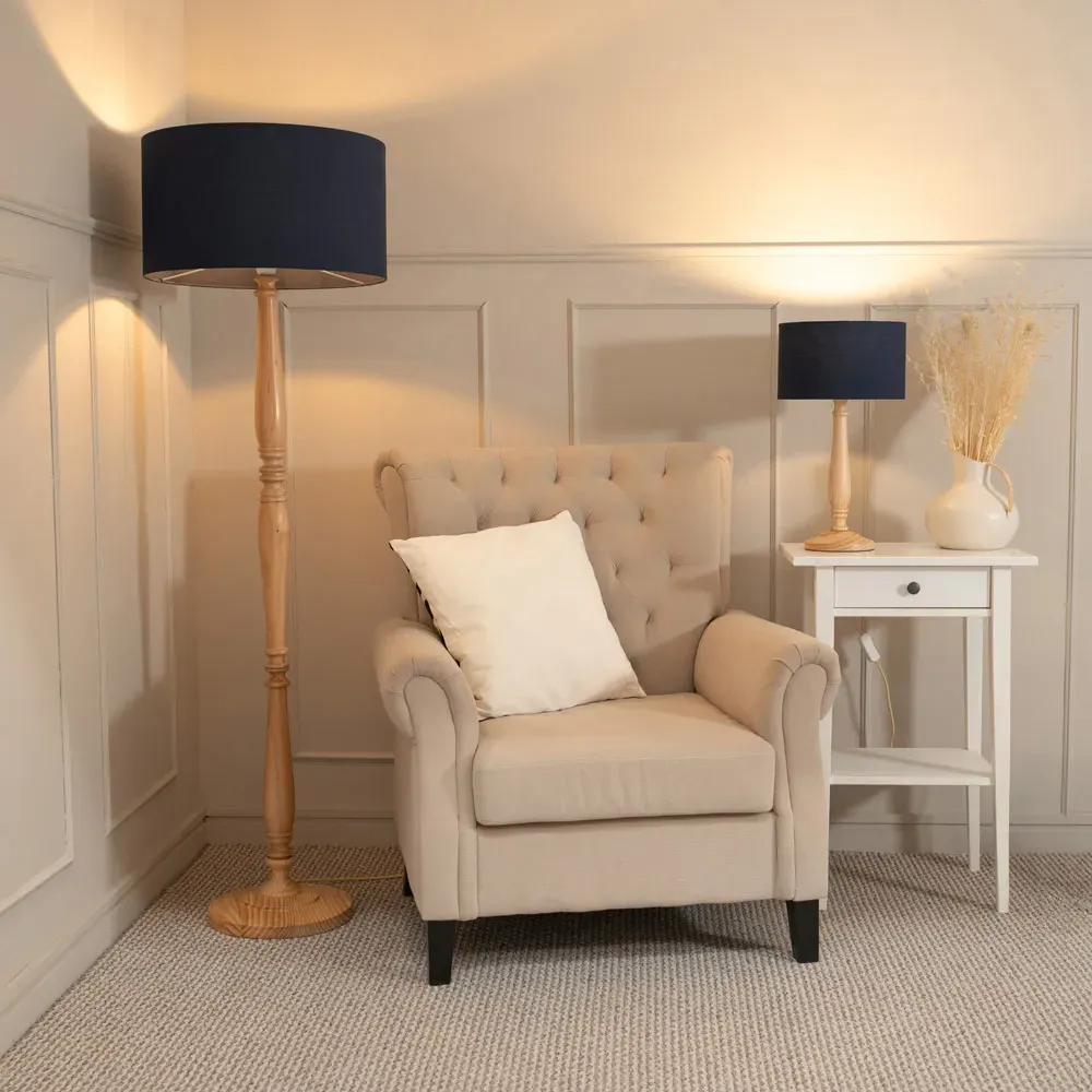 Victoria LED Table Lamp with Drum Shade - Navy, Wood