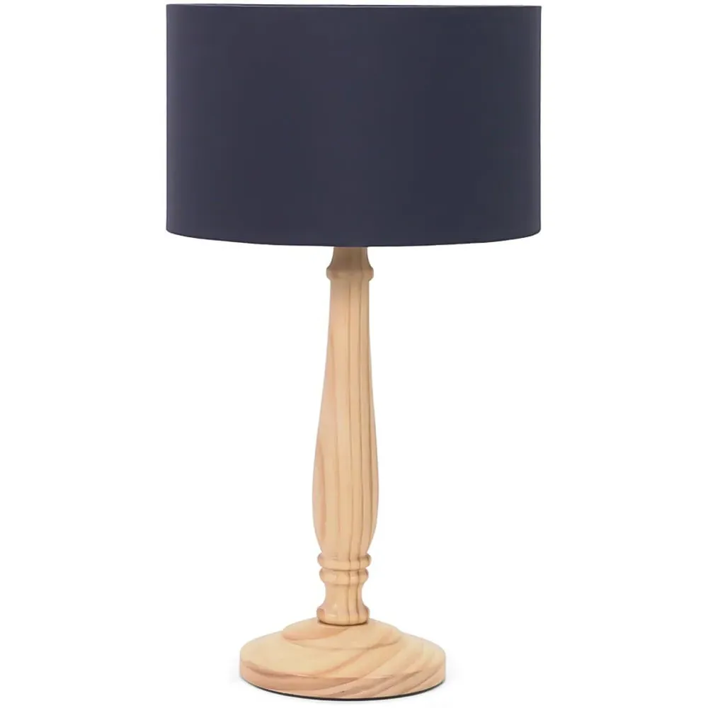 Victoria LED Table Lamp with Drum Shade - Navy, Wood