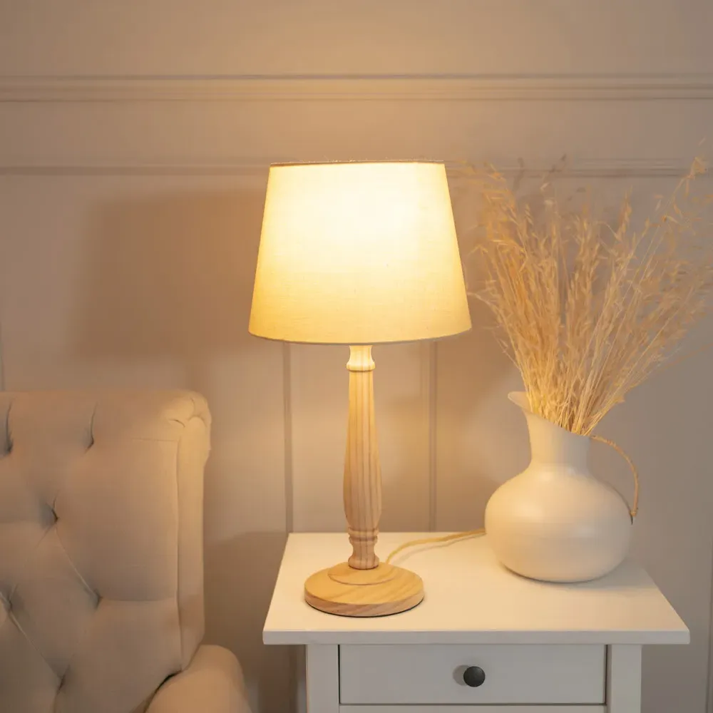 Victoria LED Table Lamp with Tapered Shade - Beige, Wood