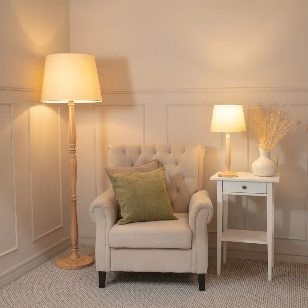 Victoria LED Table Lamp with Tapered Shade - Beige, Wood