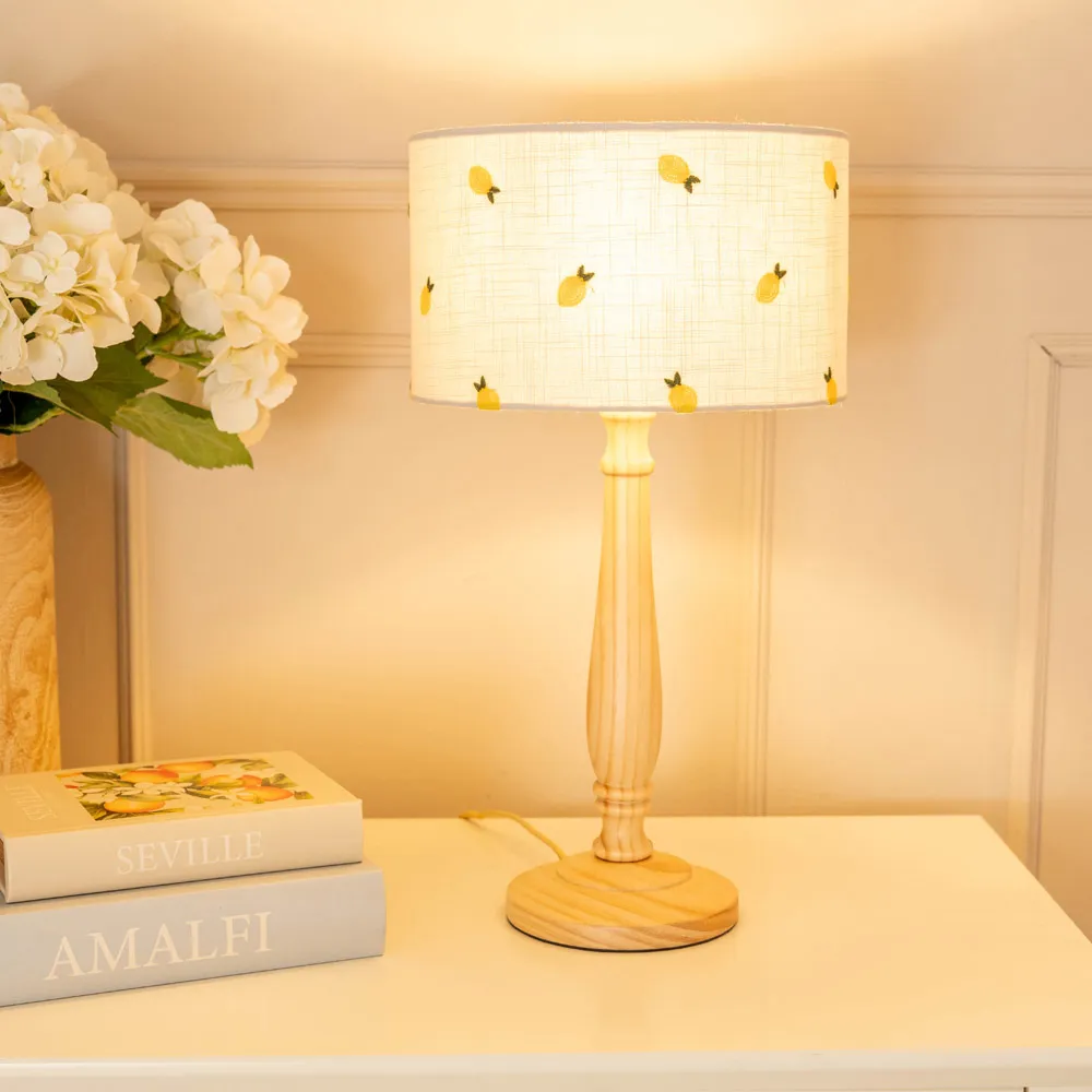 Victoria Lemon Embroidered Shade LED Table Lamp - Wood