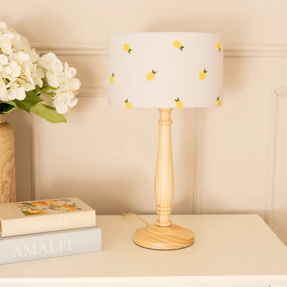 Victoria Lemon Embroidered Shade LED Table Lamp - Wood