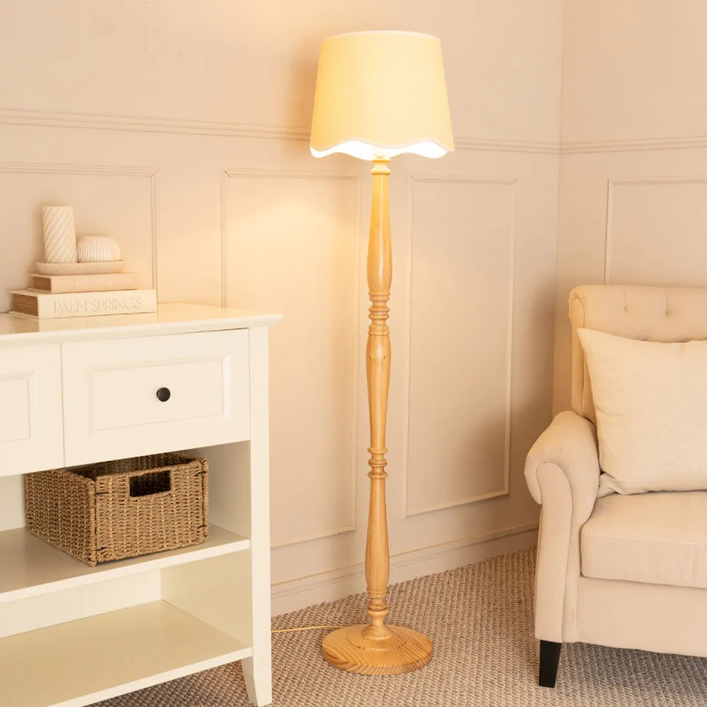 Victoria Scallop White Edge Shade LED Floor Lamp - Wood