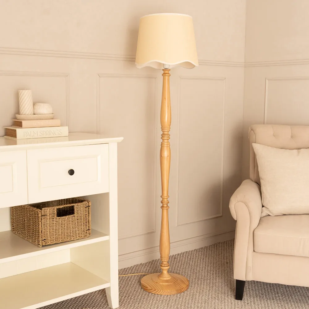Victoria Scallop White Edge Shade LED Floor Lamp - Wood