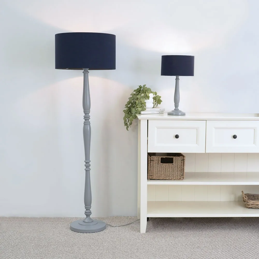 Victoria Table Lamp - Navy Blue, Grey Wood
