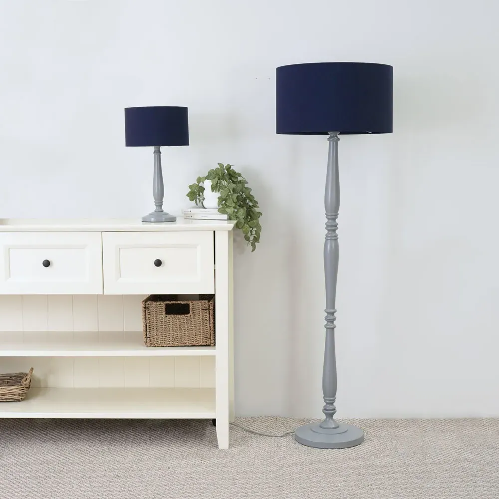 Victoria Table Lamp - Navy Blue, Grey Wood
