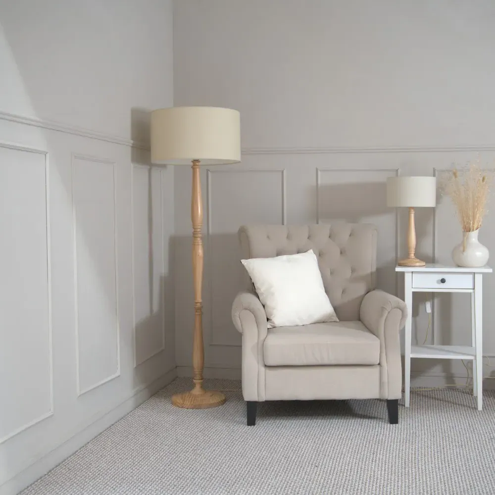 Victoria Table Lamp with Drum Shade - Cream, Wood