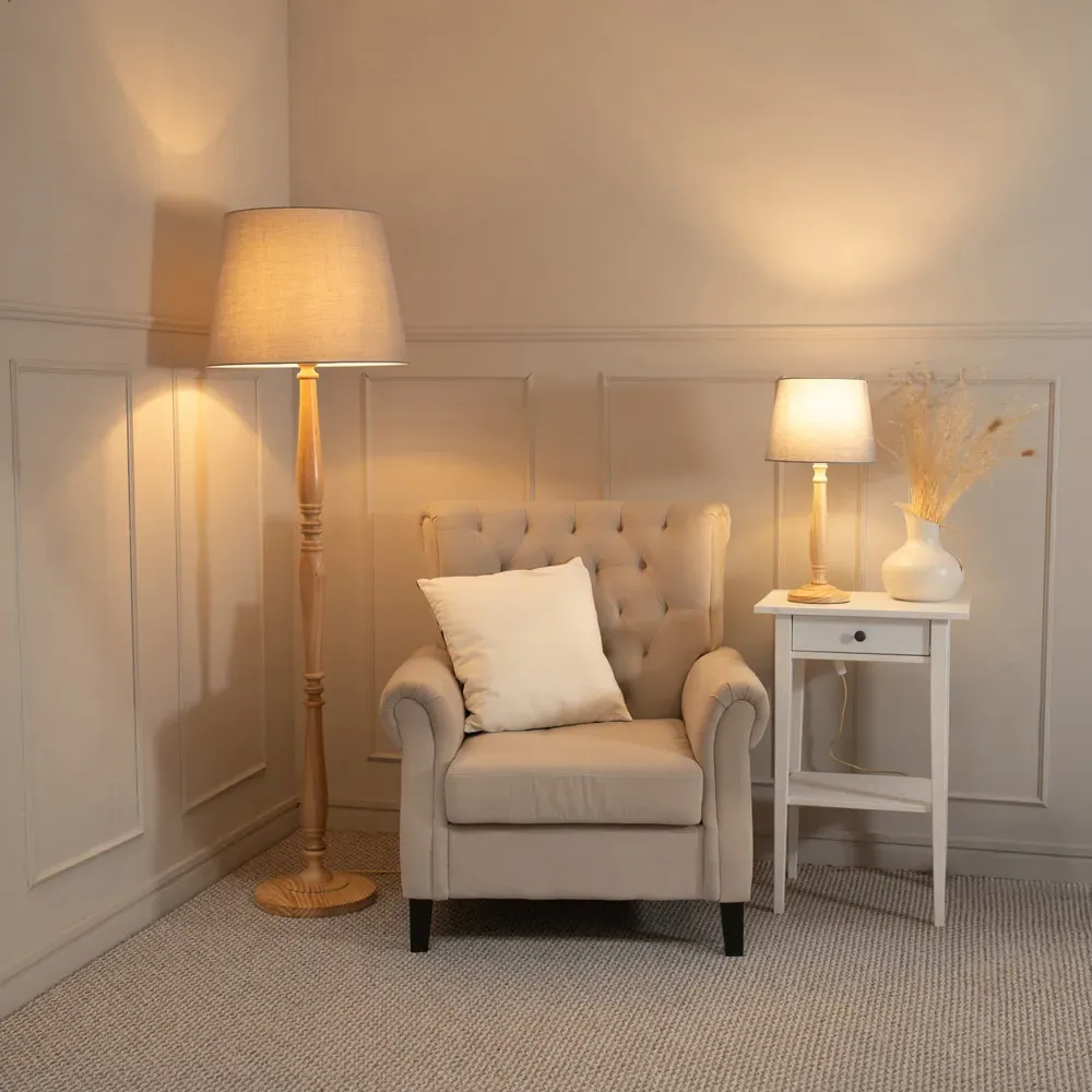 Victoria Tapered Shade Floor Lamp - Cream, Wood