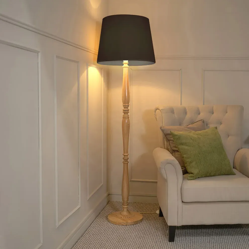 Victoria Tapered Shade Floor Lamp - Light Wood, Black Fabric