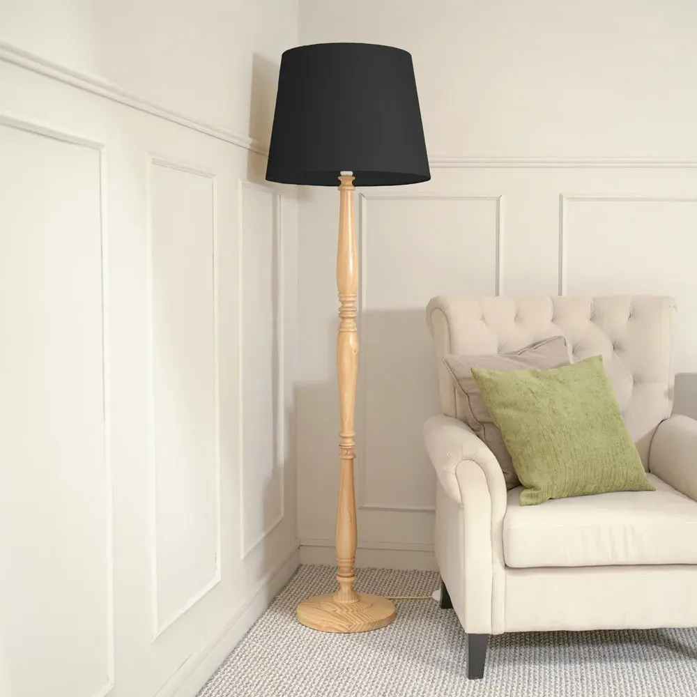 Victoria Tapered Shade Floor Lamp - Light Wood, Black Fabric