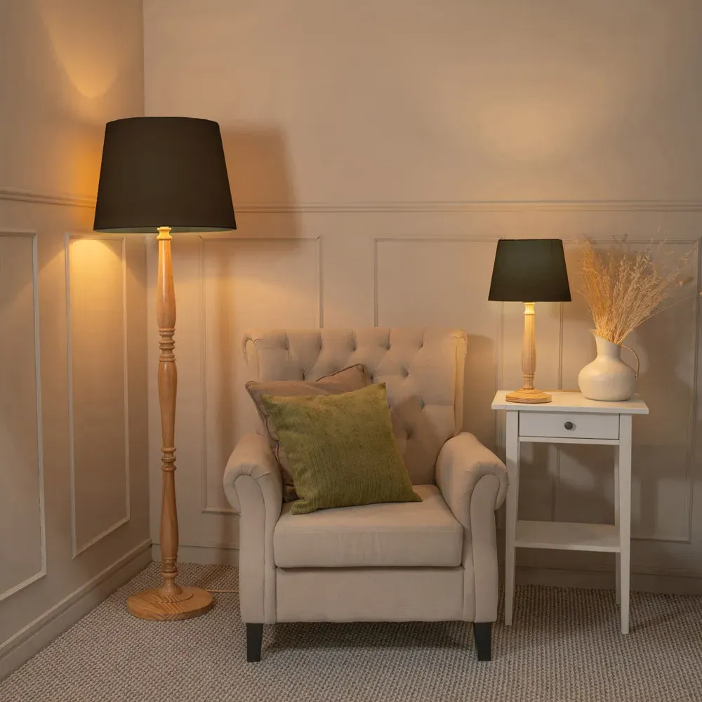 Victoria Tapered Shade Floor Lamp - Light Wood, Black Fabric
