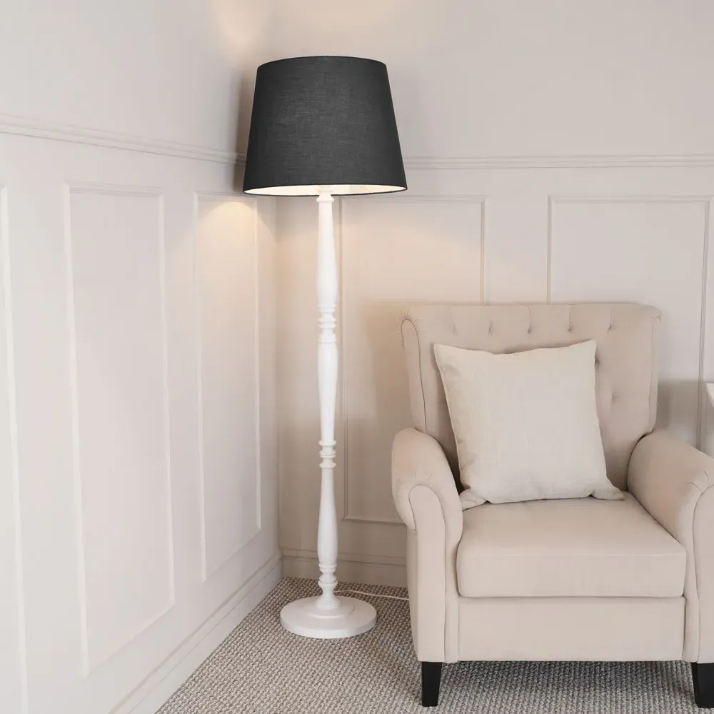 Victoria Tapered Shade Floor Lamp - White Wood, Black Fabric