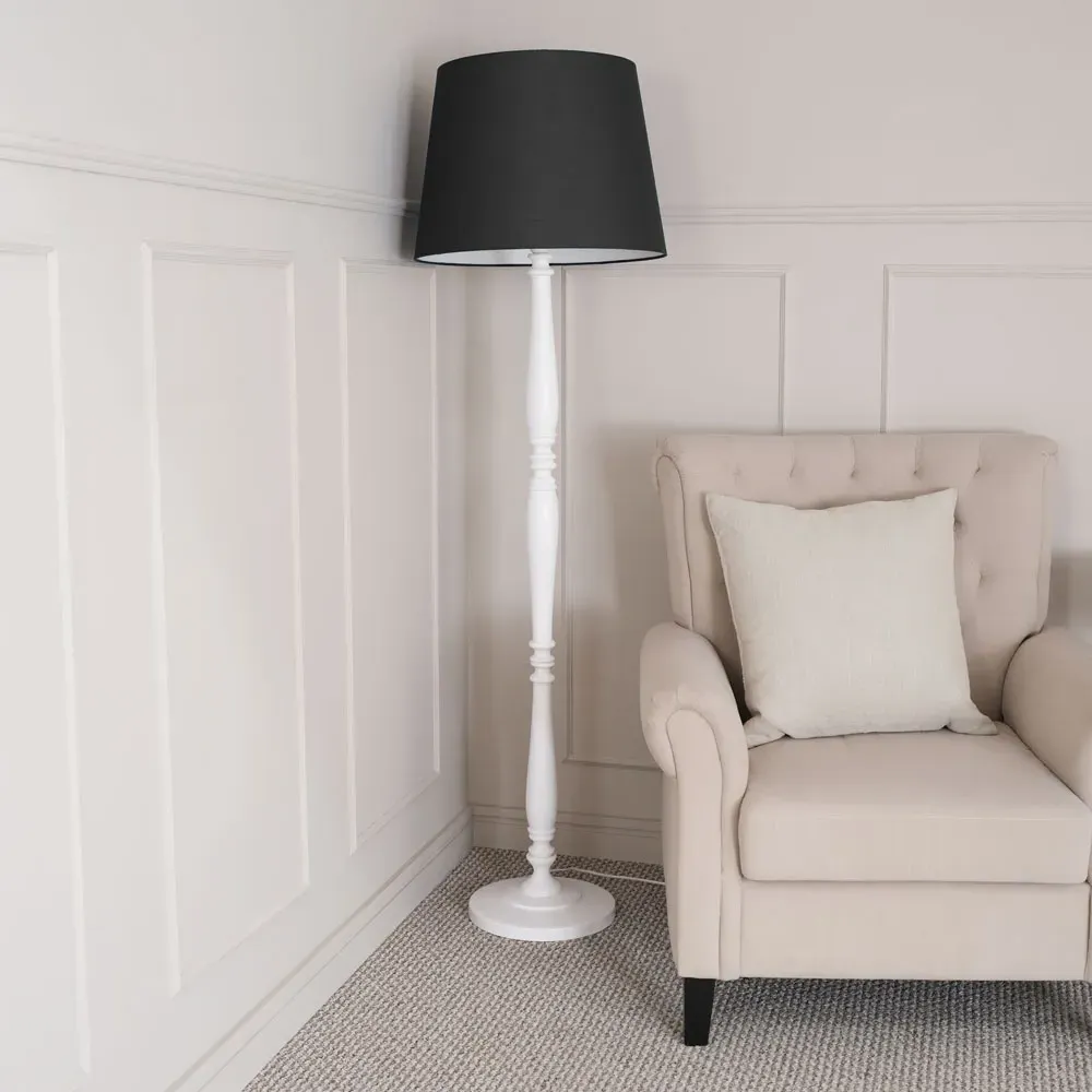 Victoria Tapered Shade Floor Lamp - White Wood, Black Fabric