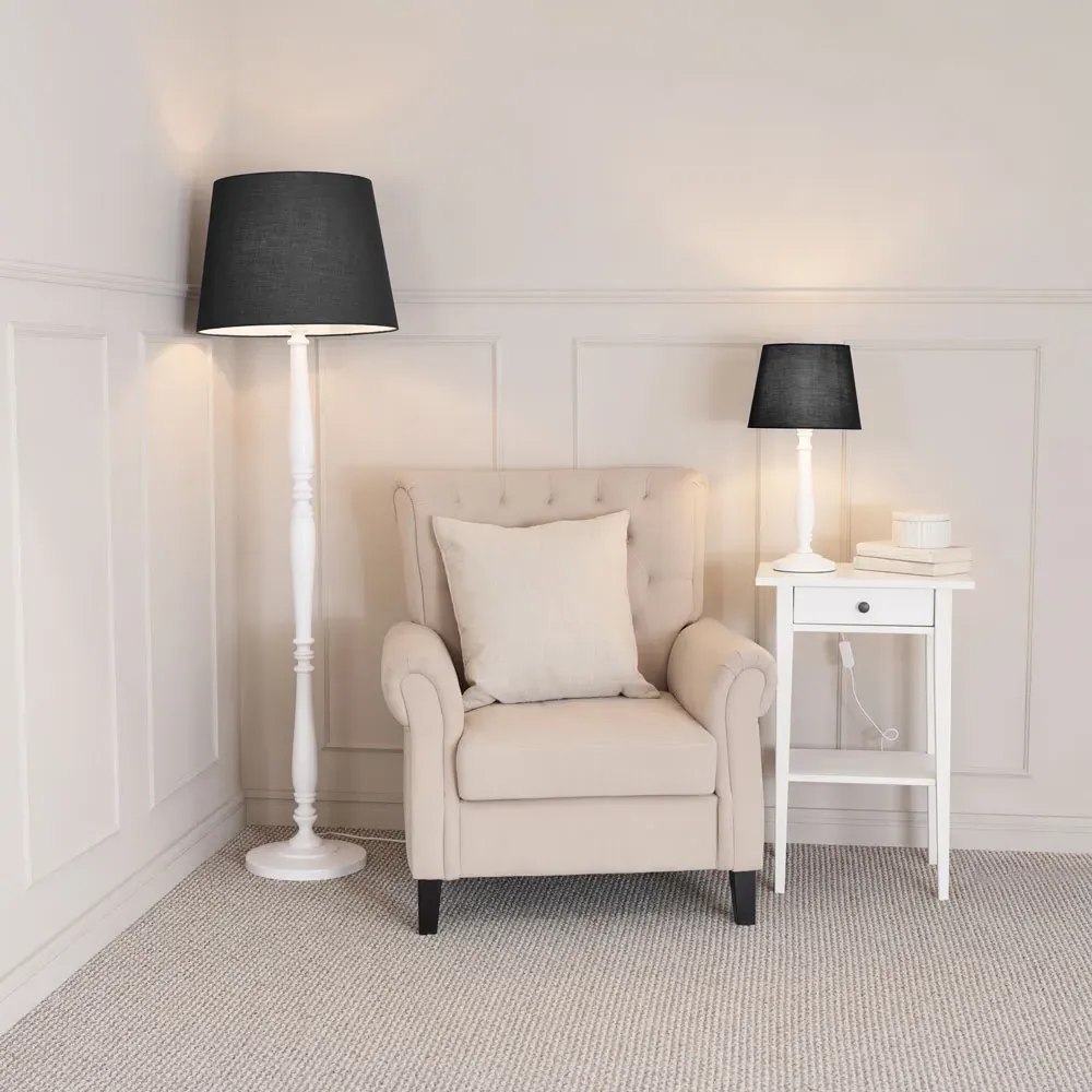 Victoria Tapered Shade Floor Lamp - White Wood, Black Fabric
