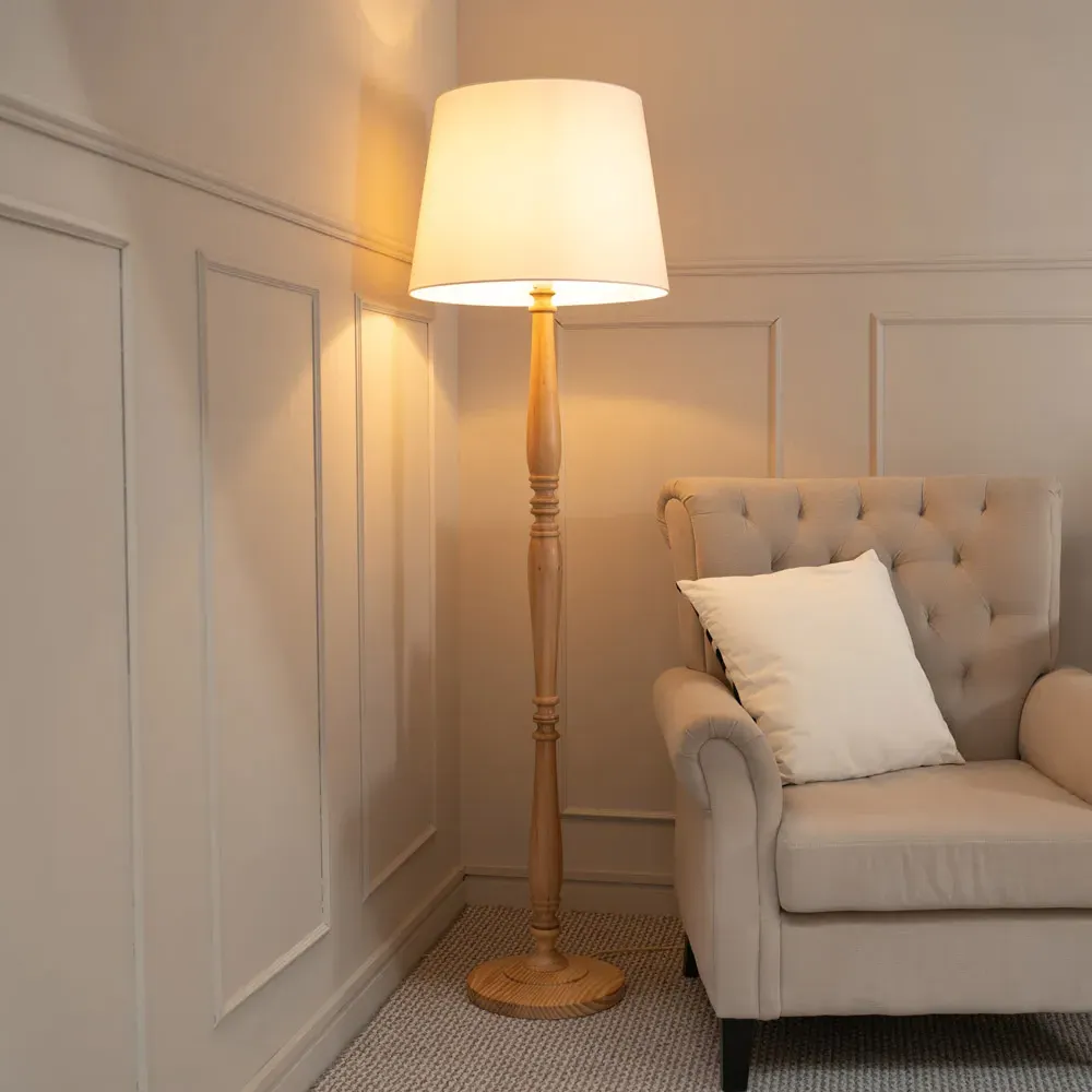 Victoria Tapered Shade LED Floor Lamp - Cream, Wood