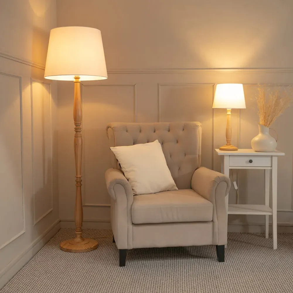 Victoria Tapered Shade LED Floor Lamp - Cream, Wood