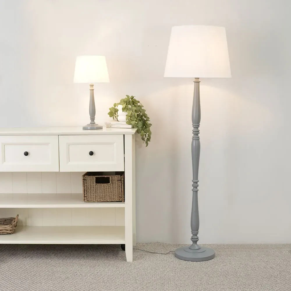 Victoria Tapered Shade LED Floor Lamp - Grey, Wood