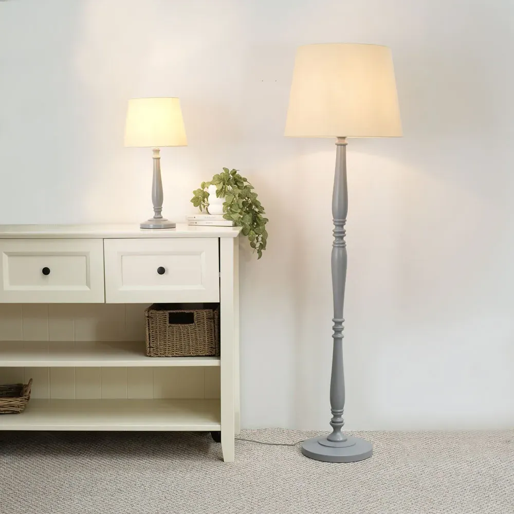 Victoria Tapered Shade LED Floor Lamp - Grey, Wood