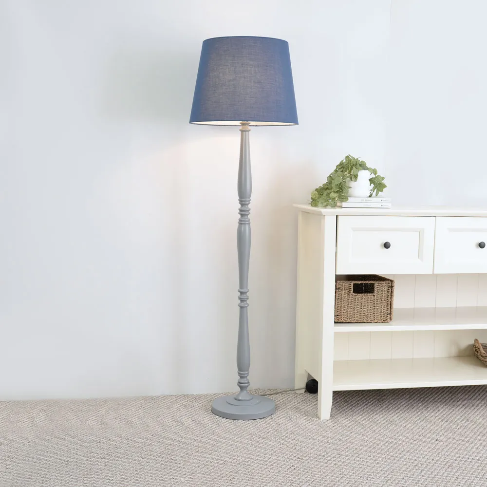 Victoria Tapered Shade LED Floor Lamp - Navy Blue, Grey Wood