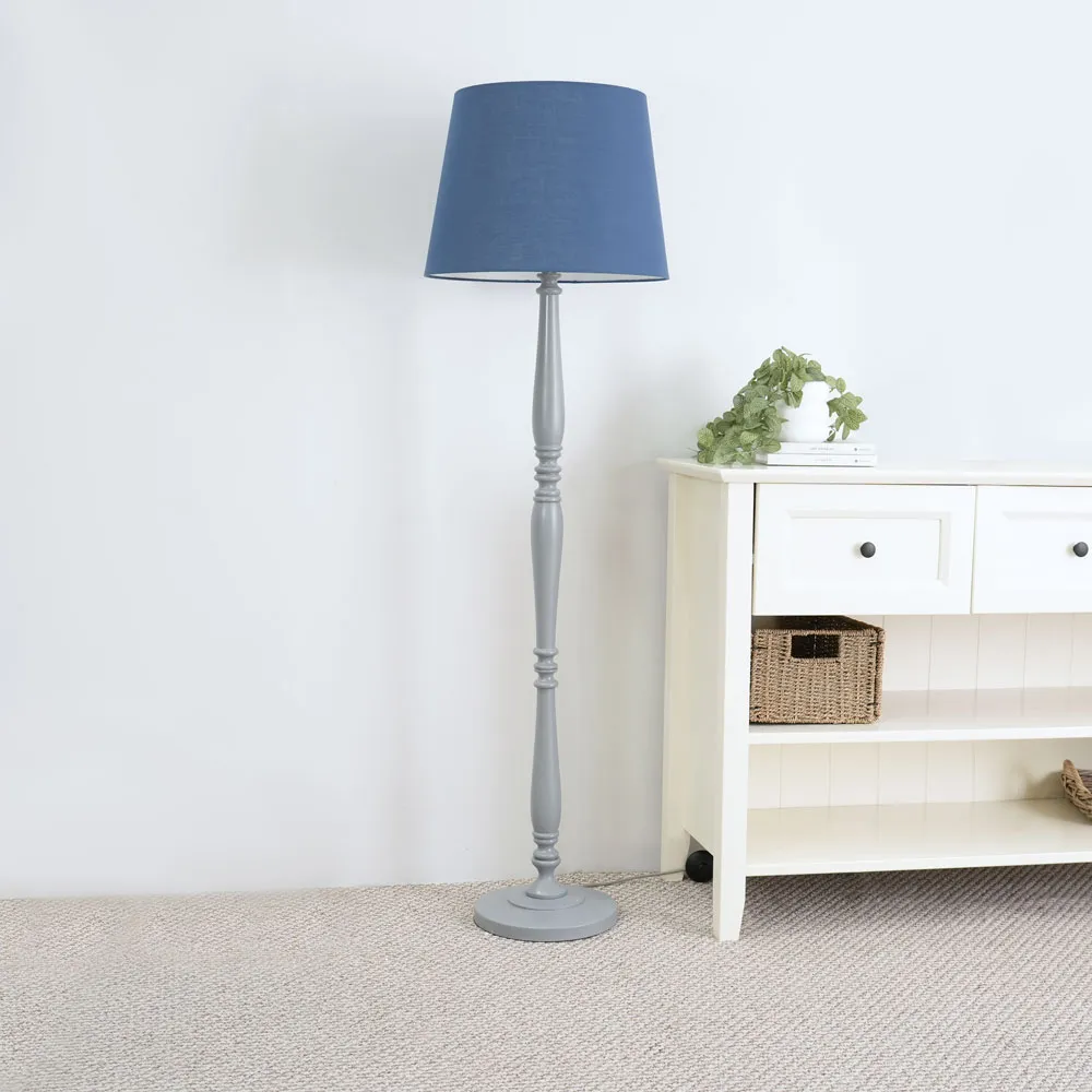 Victoria Tapered Shade LED Floor Lamp - Navy Blue, Grey Wood