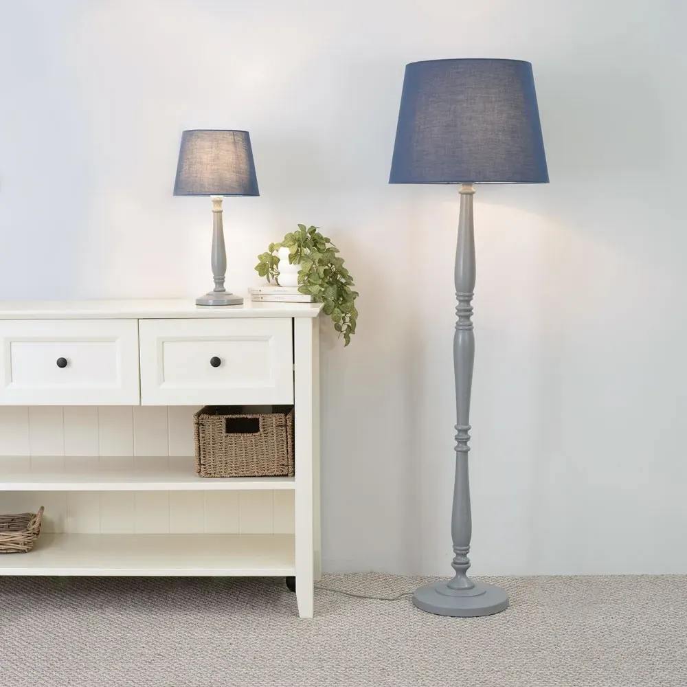 Victoria Tapered Shade LED Floor Lamp - Navy Blue, Grey Wood