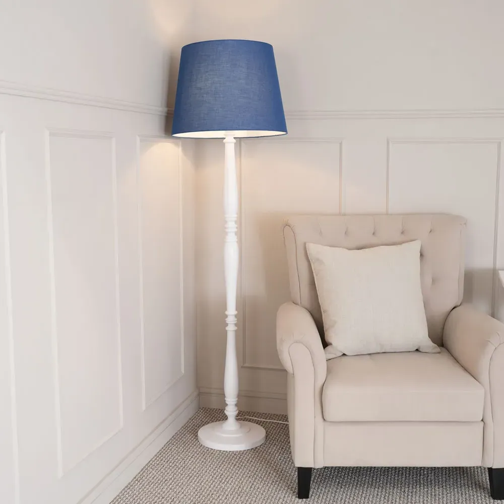 Victoria Tapered Shade LED Floor Lamp - Navy Blue, White Wood