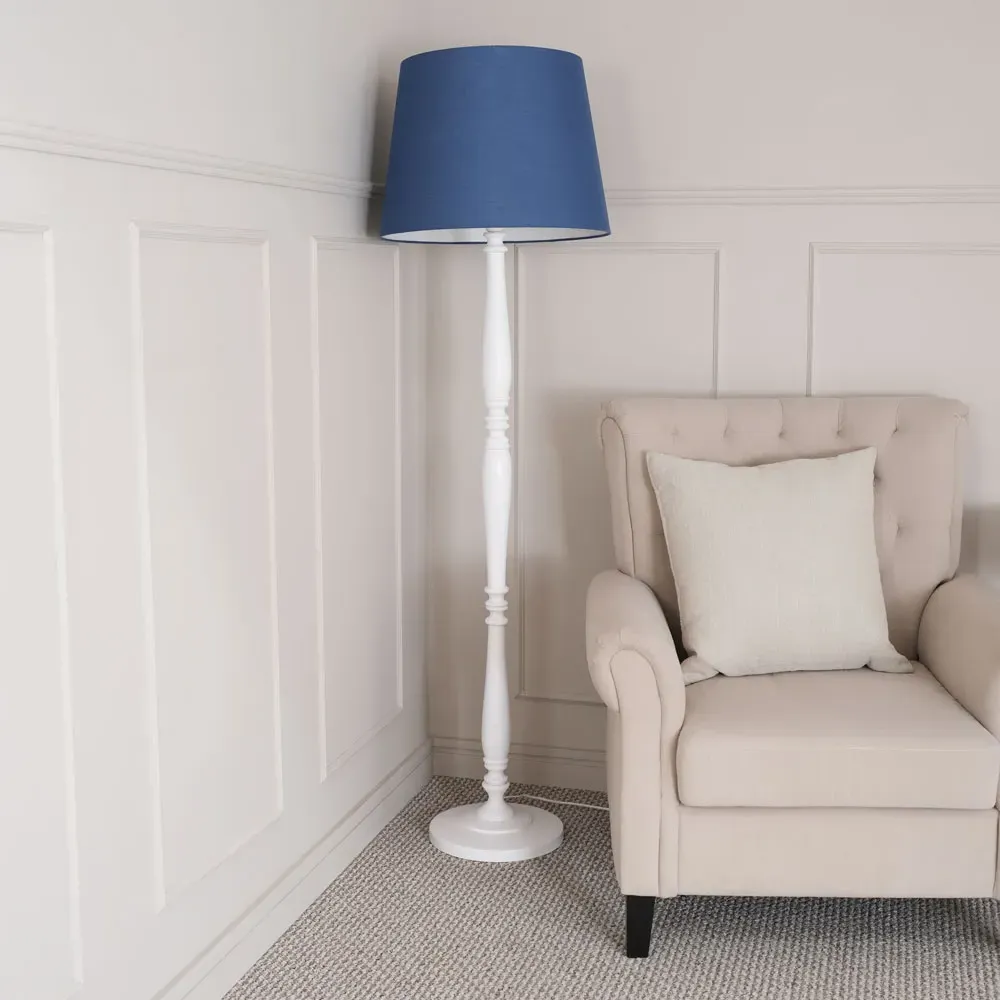 Victoria Tapered Shade LED Floor Lamp - Navy Blue, White Wood