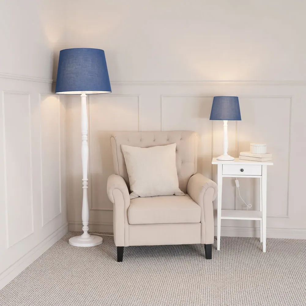 Victoria Tapered Shade LED Floor Lamp - Navy Blue, White Wood