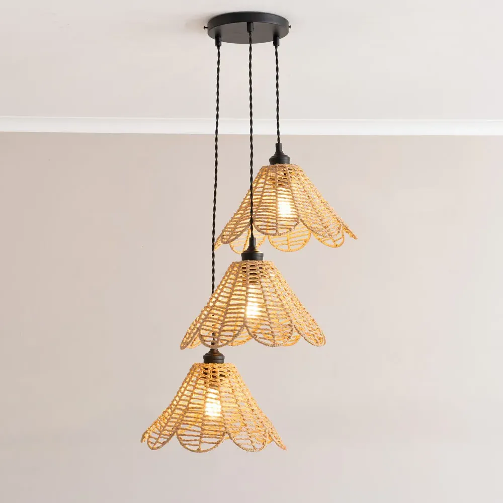 Vine Rattan 3-Drop Cluster Pendant Light - Gold, Black