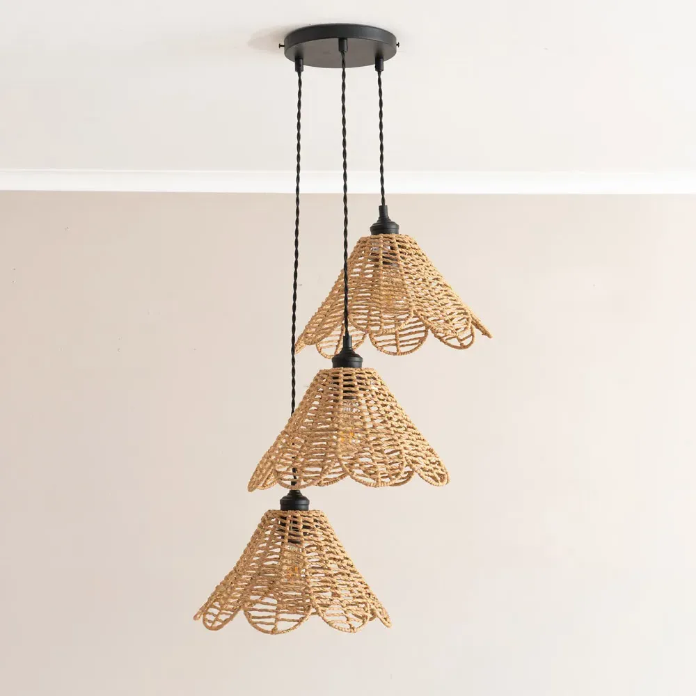Vine Rattan 3-Drop Cluster Pendant Light - Gold, Black