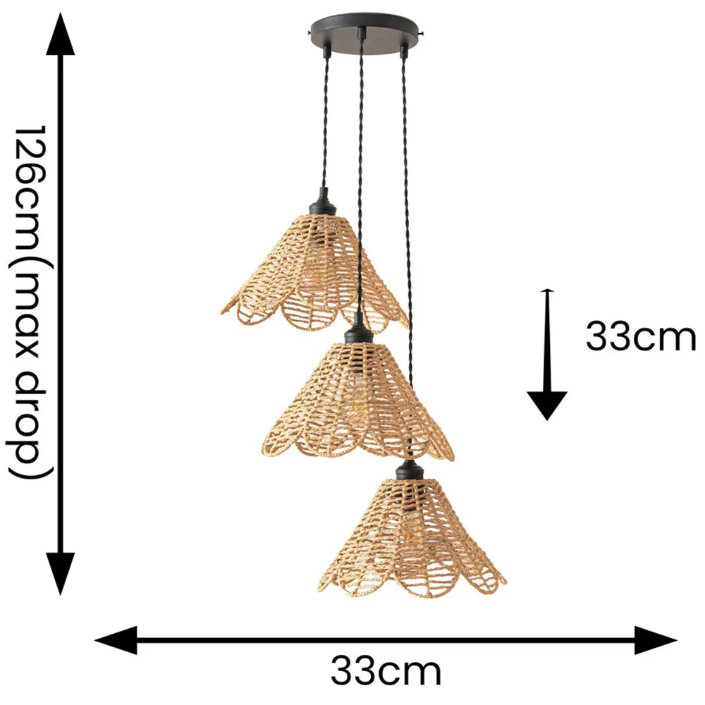 Vine Rattan 3-Drop Cluster Pendant Light - Gold, Black