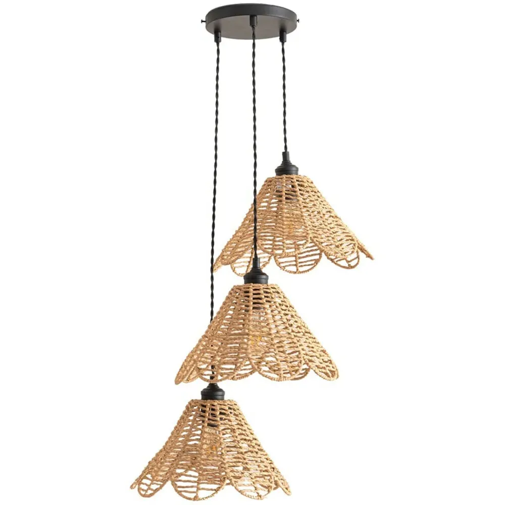 Vine Rattan 3-Drop Cluster Pendant Light - Gold, Black