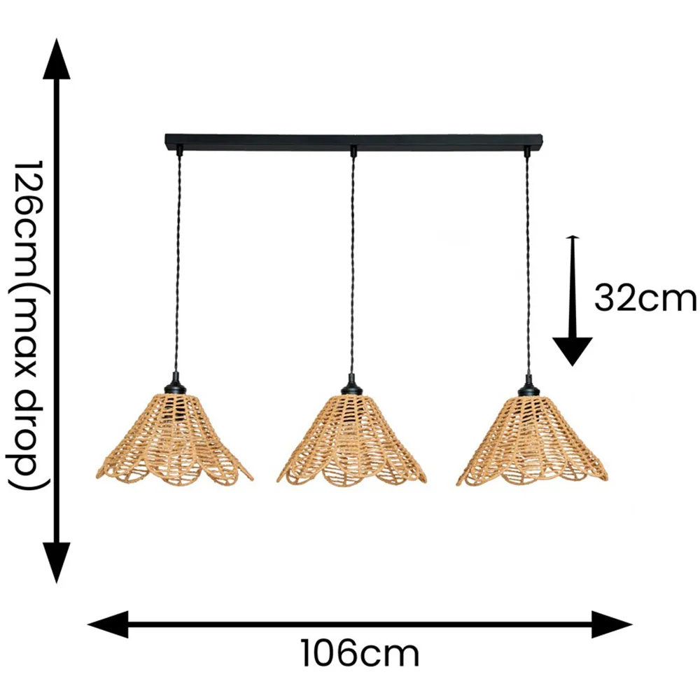 Vine Rattan 3-Drop Diner Pendant Light - Black