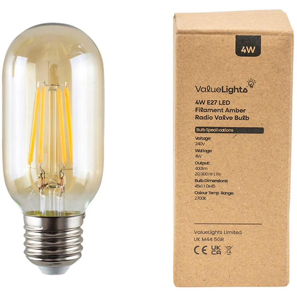 Vintage 5 Pack E27 LED 4W Filament Radio Valve Light Bulb - Amber