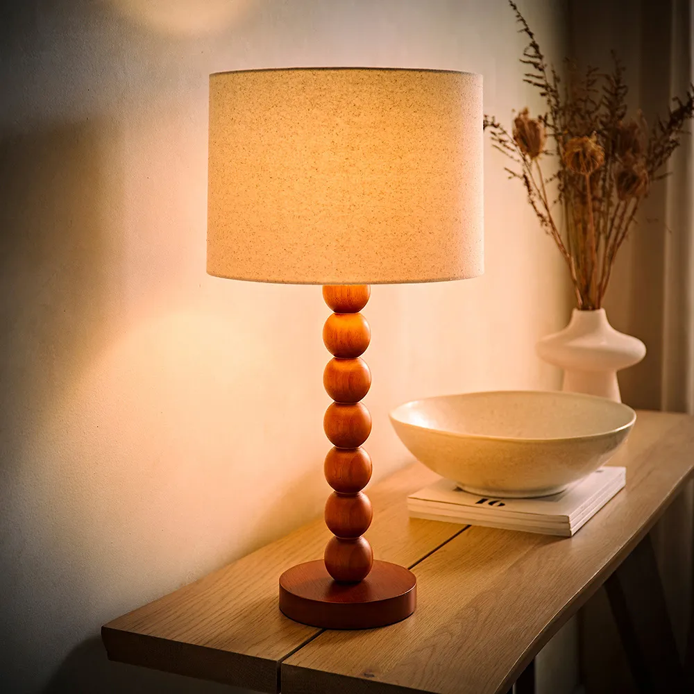 Wyatt Drum Table Lamp with LED - Cream, Walnut Wood