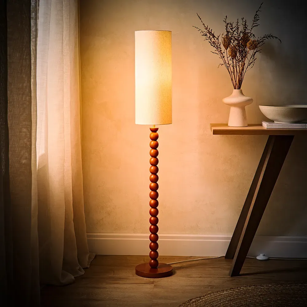 Wyatt Tall Floor Lamp with LED - Cream, Walnut Wood