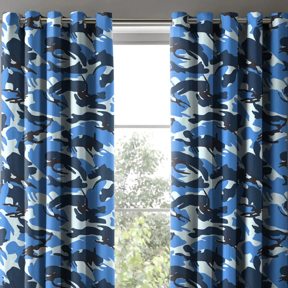 Blue Camouflage Pencil Pleat Curtains - Blue