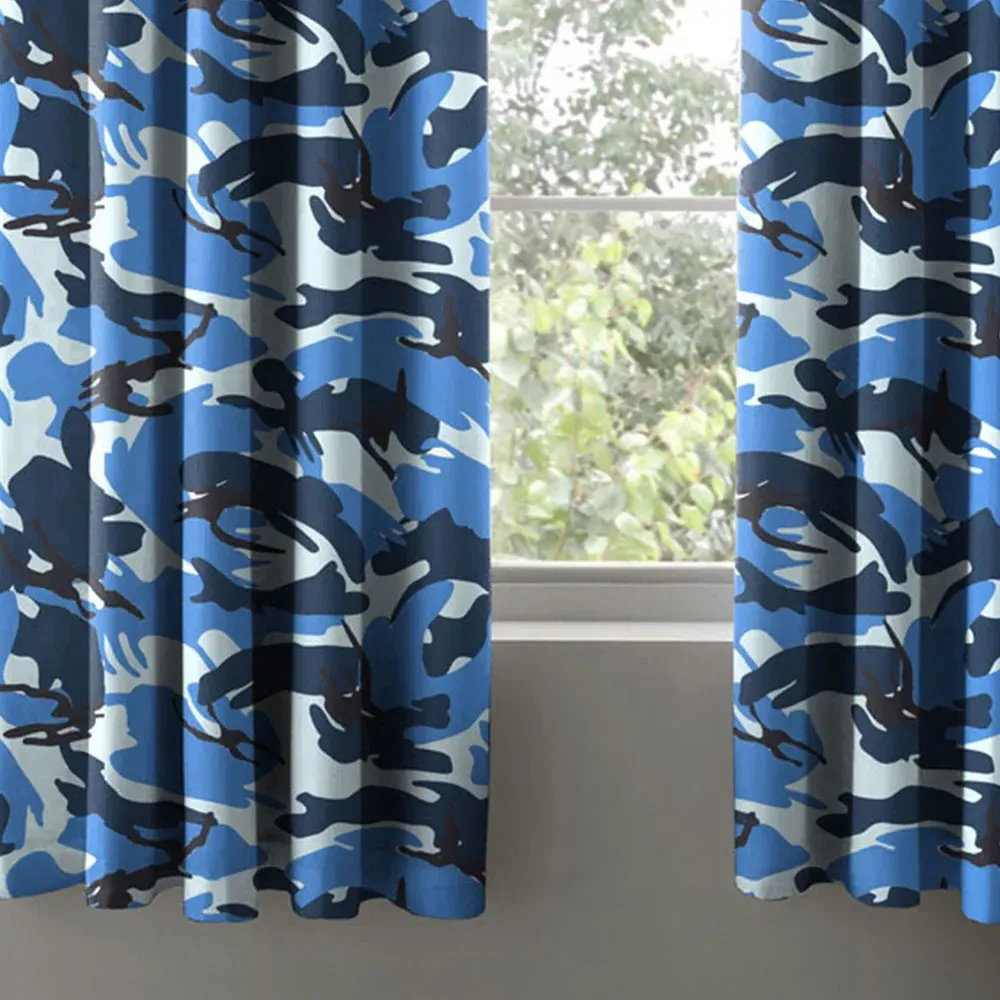 Blue Camouflage Pencil Pleat Curtains - Blue