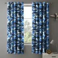 Blue Camouflage Pencil Pleat Curtains - Blue