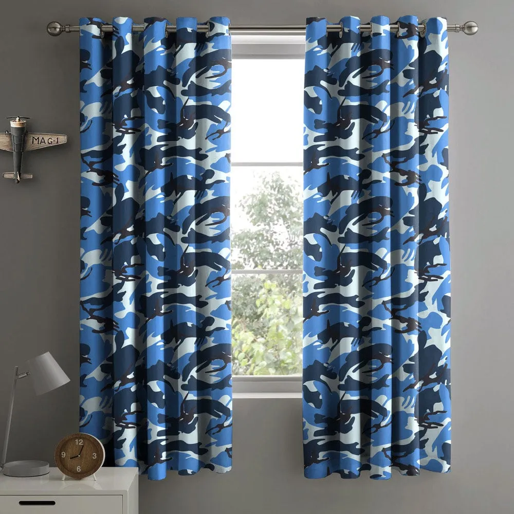Blue Camouflage Pencil Pleat Curtains - Blue image