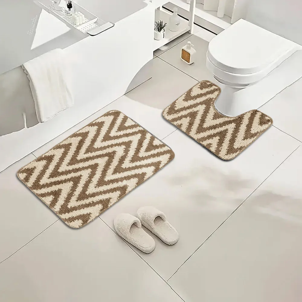 Chevron Stripe Bath Mat Set - Beige