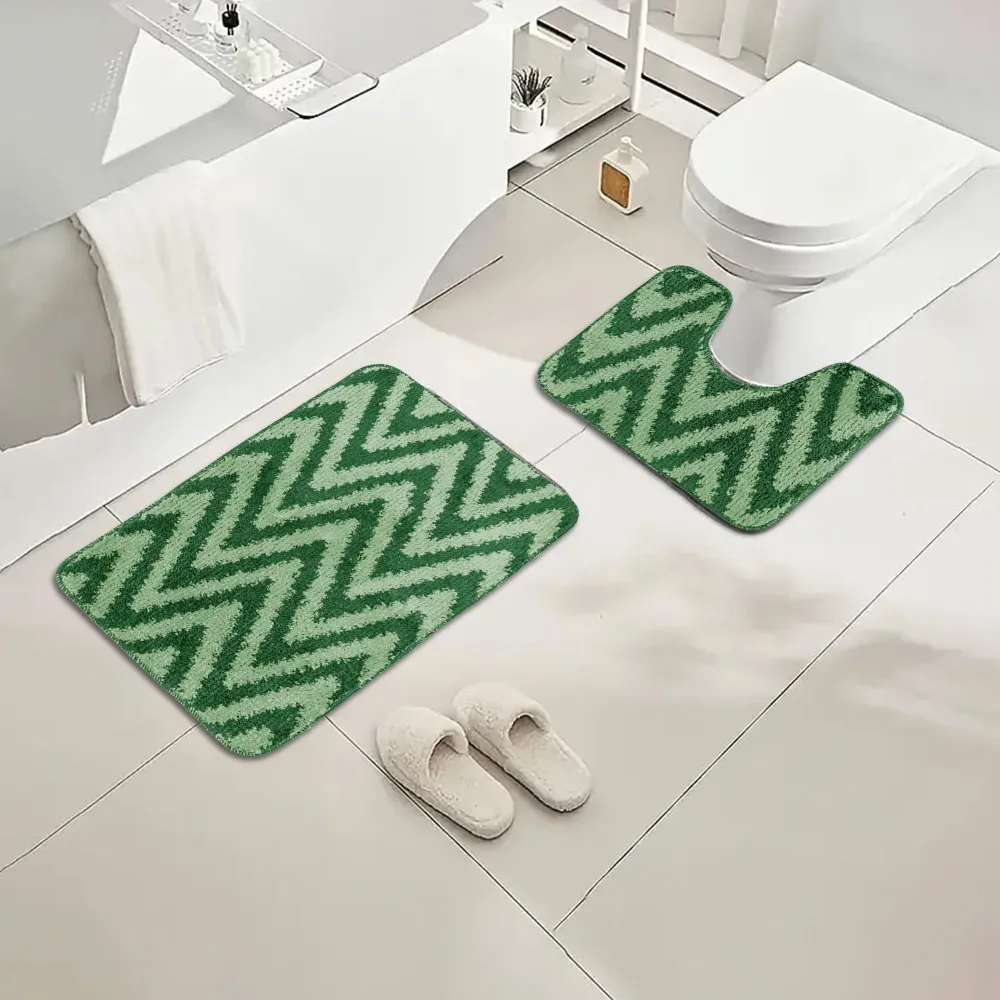 Chevron Stripe Bath Mat Set - Green, Polypropylene