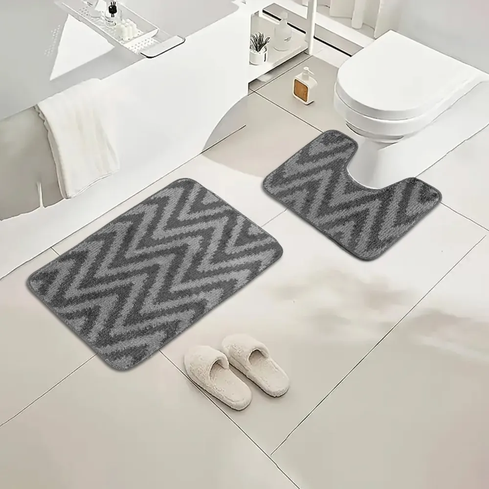 Chevron Stripe Bath Mat Set - Grey
