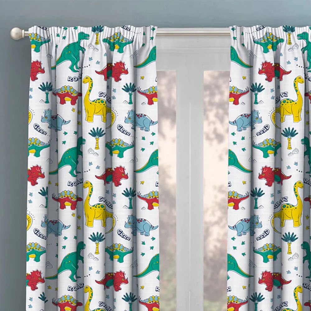 Dinosaur Pencil Pleat Curtains - Multi, Polyester