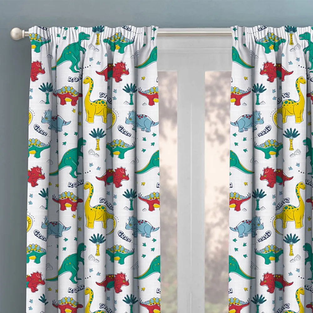Dinosaur Pencil Pleat Curtains - Multi, Polyester